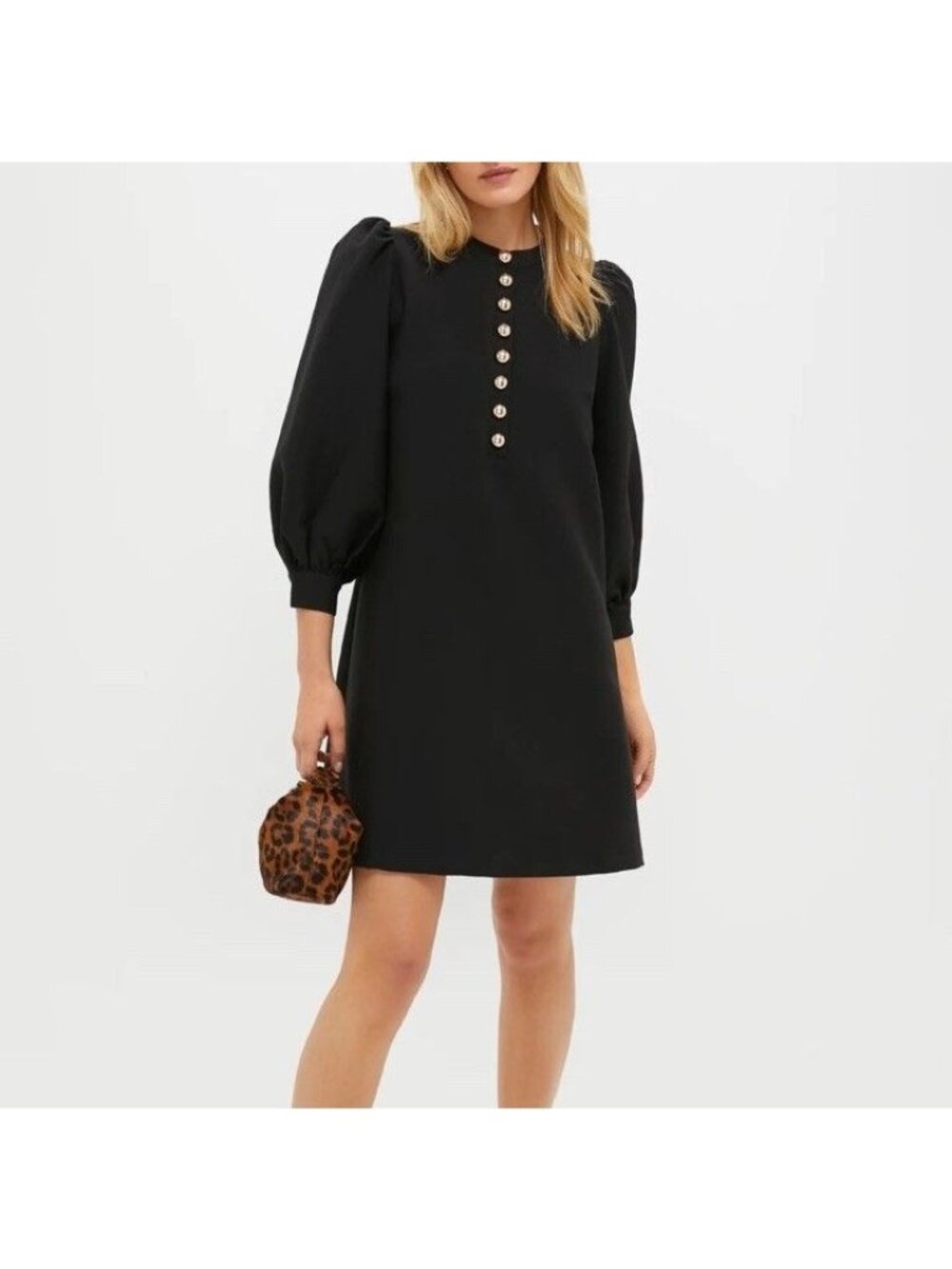 Pomander Place Womens Size XL Black Crepe Samantha Dress Puff Sleeve Gold-Button